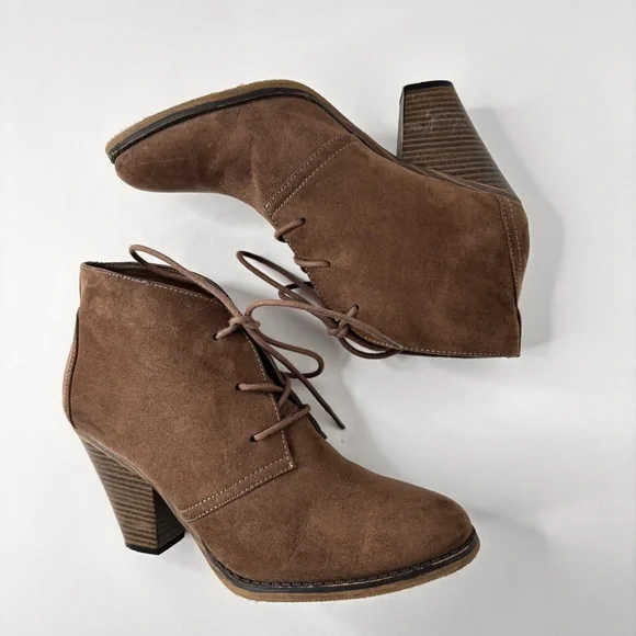 Mia Boots Size 8 M Sean Ankle Bootie Brown Lace Up Round Toe Cone Heels Vegan - Picture 8 of 15
